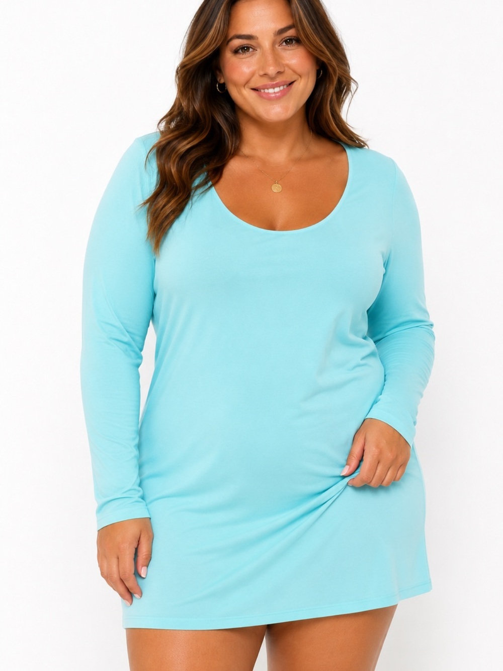 Fashion Nova Light Aqua Long Sleeve Scoop Neck Midi Dress